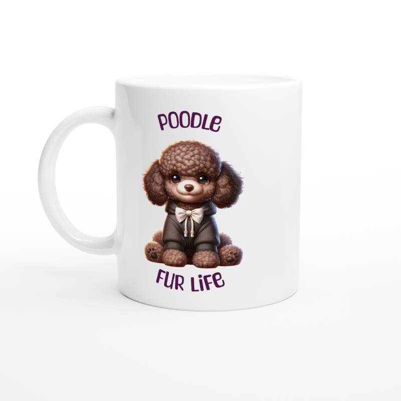 White ceramic mug with cute Poodle puppy wearing a hoodie and bow tie