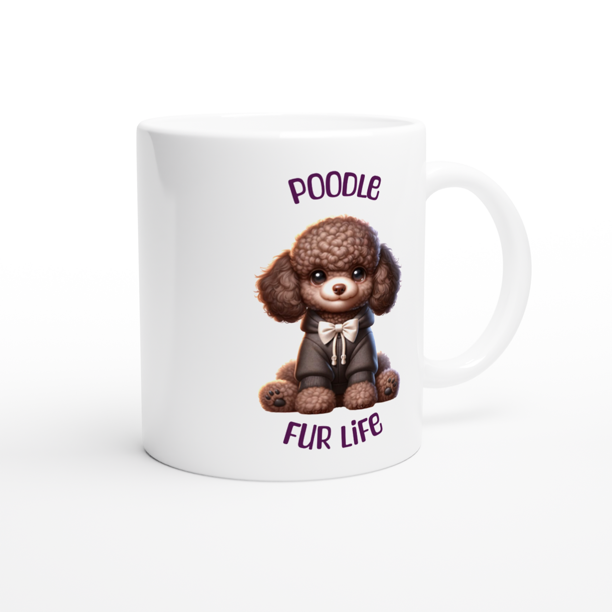 White ceramic mug with cute Poodle puppy wearing a hoodie and bow tie