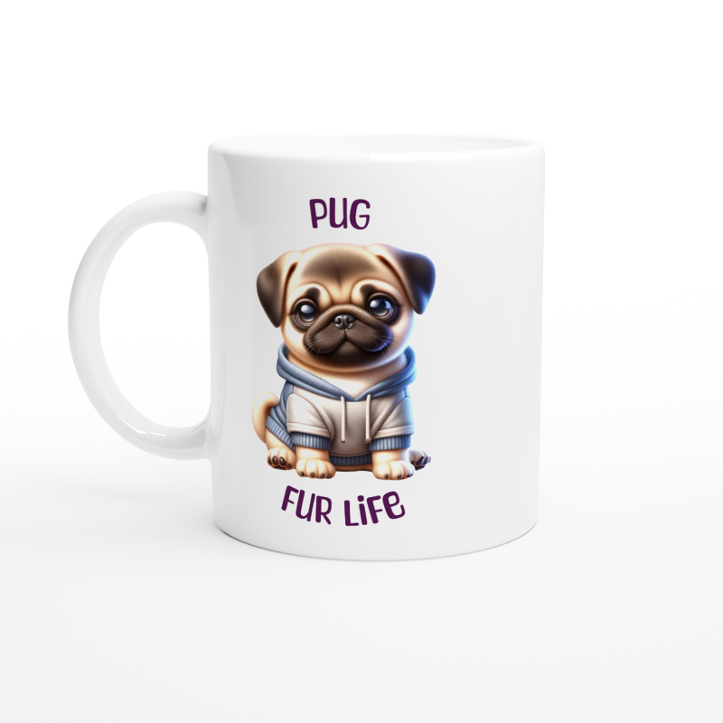 White ceramic mug with cute Pug puppy wearing a hoodie