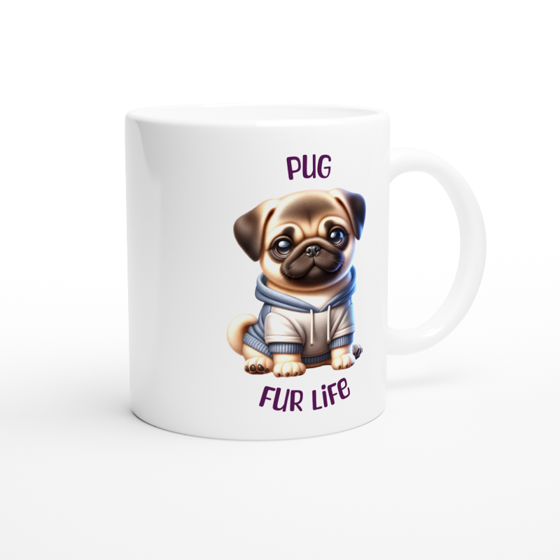 White ceramic mug with cute Pug puppy wearing a hoodie