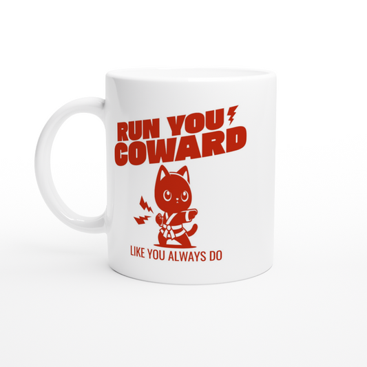 White ceramic mug with bold red lettering and kung fu panda run you coward
