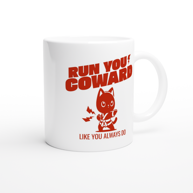 White ceramic mug with bold red lettering and kung fu panda run you coward