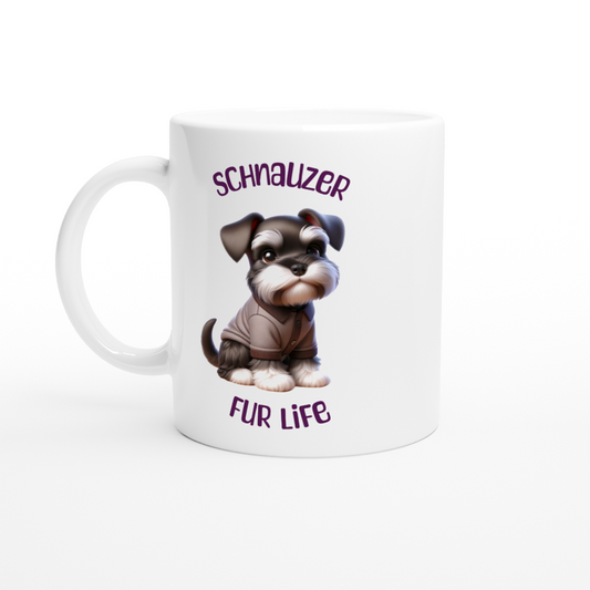 White ceramic mug with cute Schnauzer puppy wearing a jacket