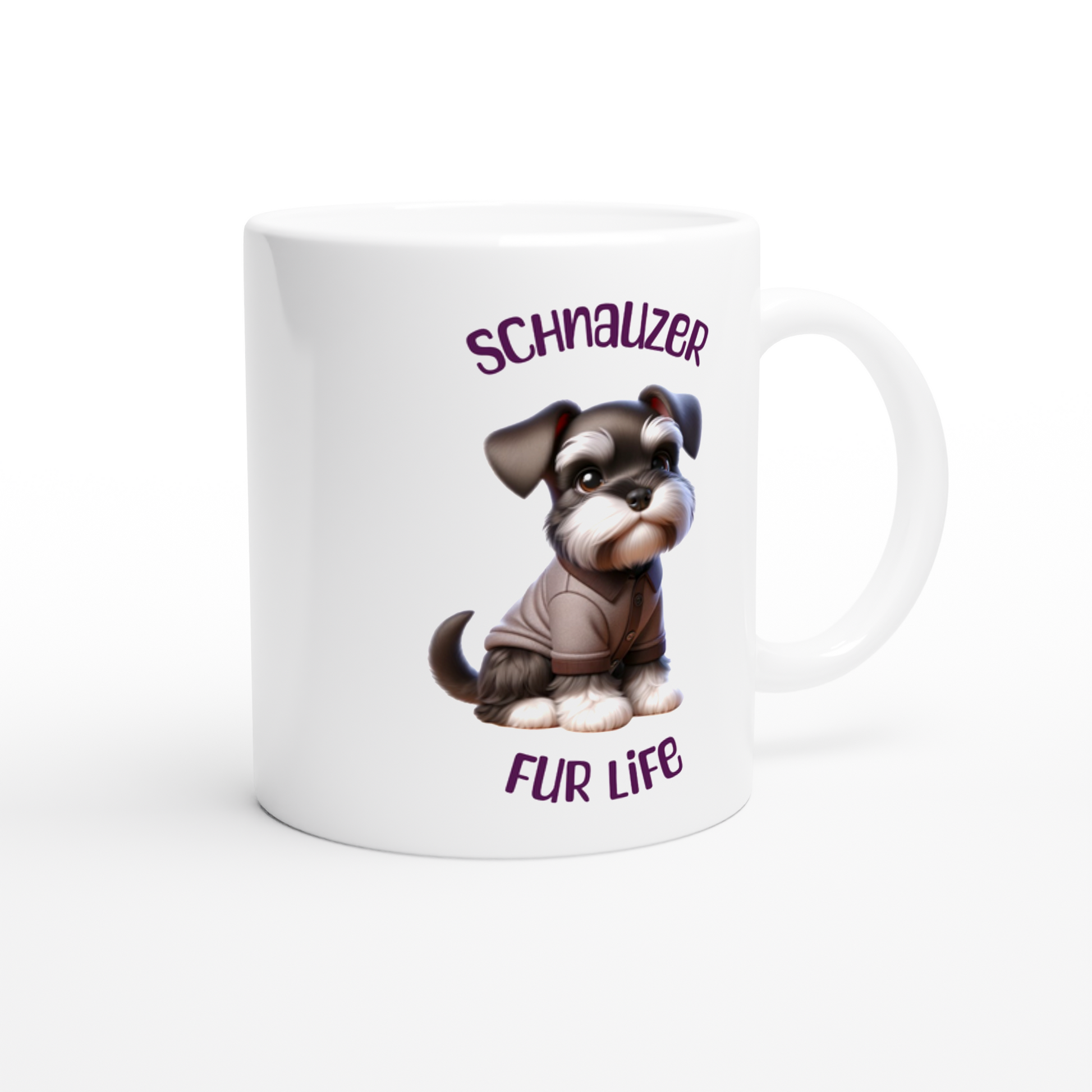 White ceramic mug with cute Schnauzer puppy wearing a jacket