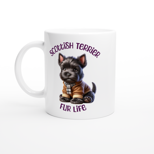 White Ceramic Mug with cute Scottish terrier in jacket and plaid scarf