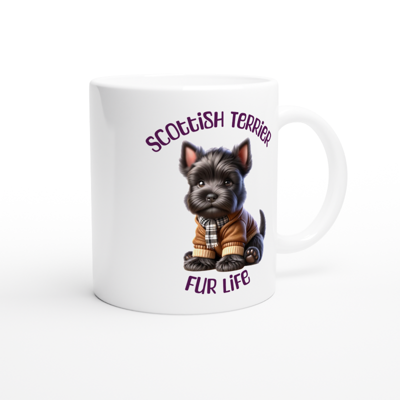 White Ceramic Mug with cute Scottish terrier in jacket and plaid scarf