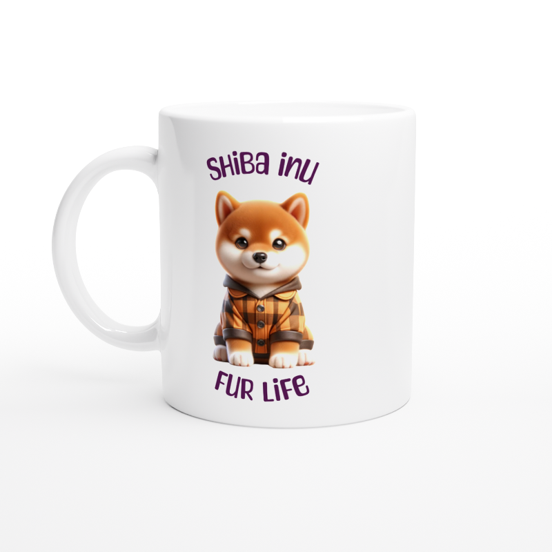 White Ceramic mug with cute Shiba Inu puppy wearing jacket