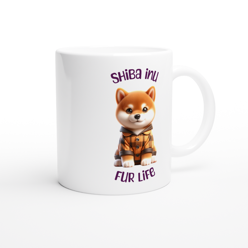 White ceramic mug featuring cute Shiba Inu puppy wearing jacket