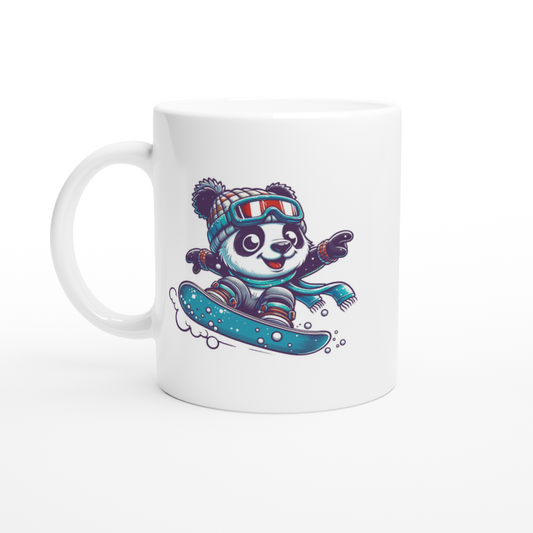 White ceramic mug with a cute snowboarding panda illustration