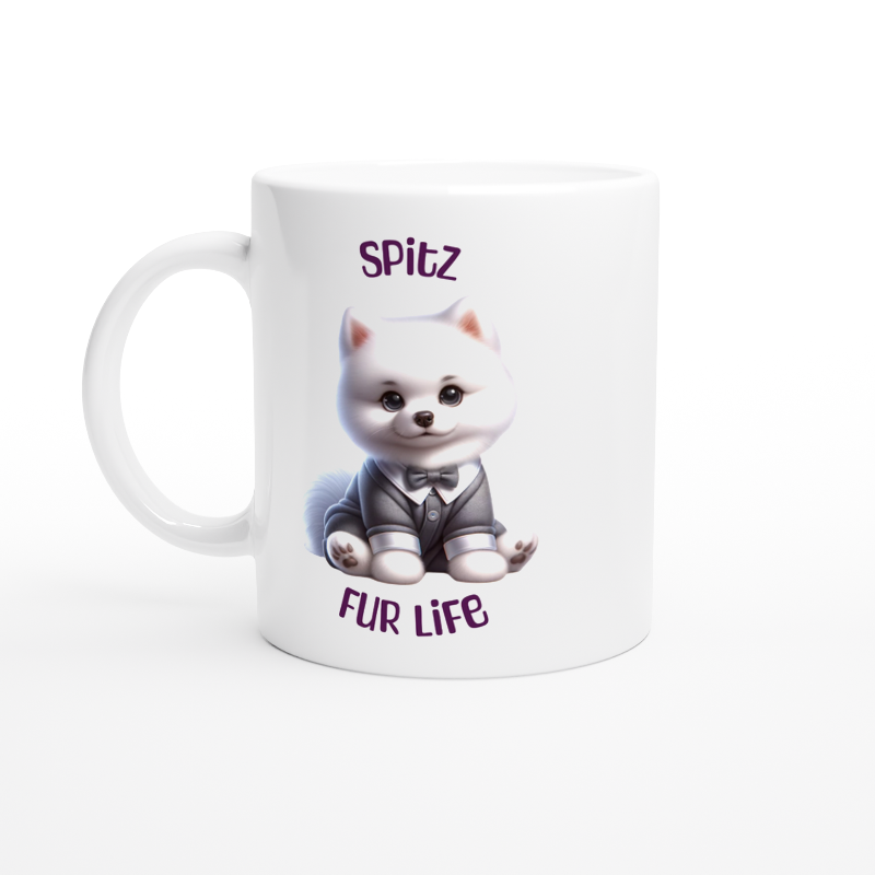 White ceramic mug featuring cute Spitz puppy wearing bowtie