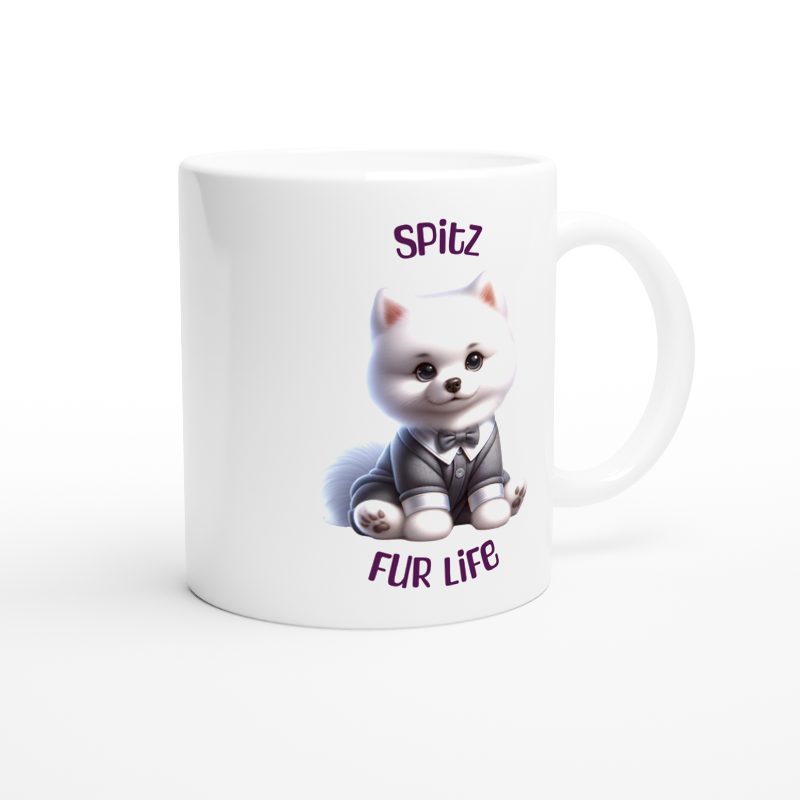 White ceramic mug featuring cute Spitz puppy wearing bowtie