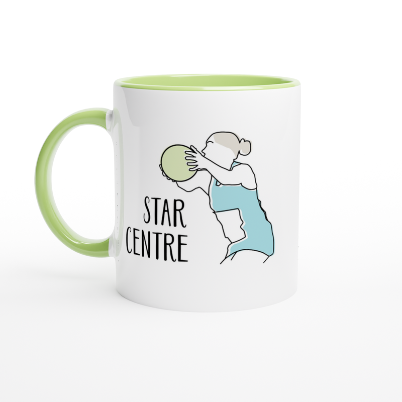 White Ceramic Mug with Line Drawing and Lettering of Netball Player Centre Green Handle