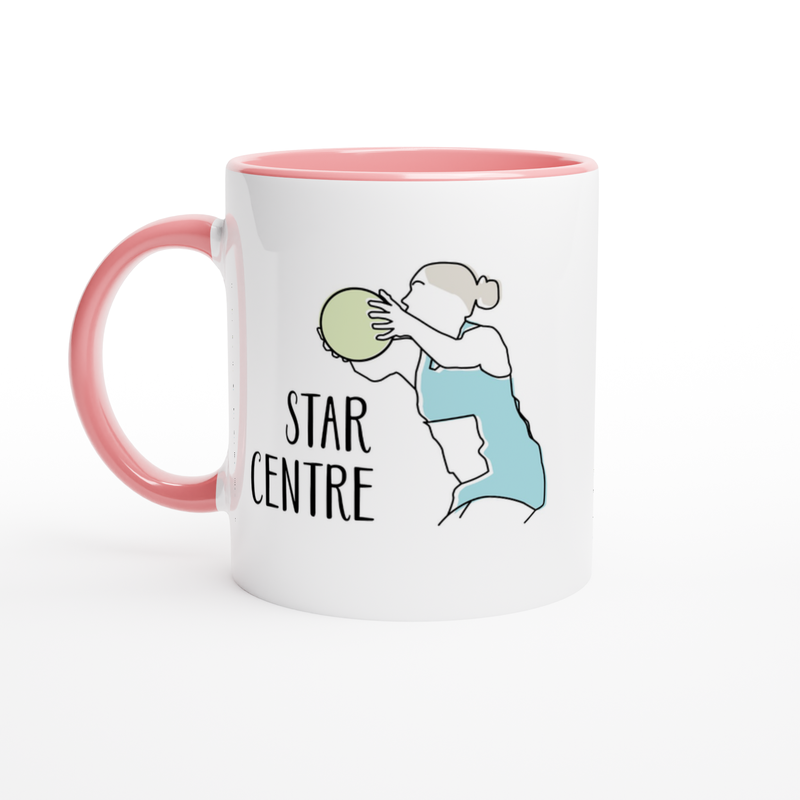 White Ceramic Mug with Line Drawing and Lettering of Netball Player Centre Pink Handle