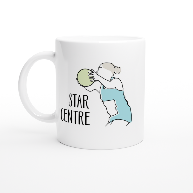 White Ceramic Mug with Line Drawing and Lettering of Netball Player Centre
