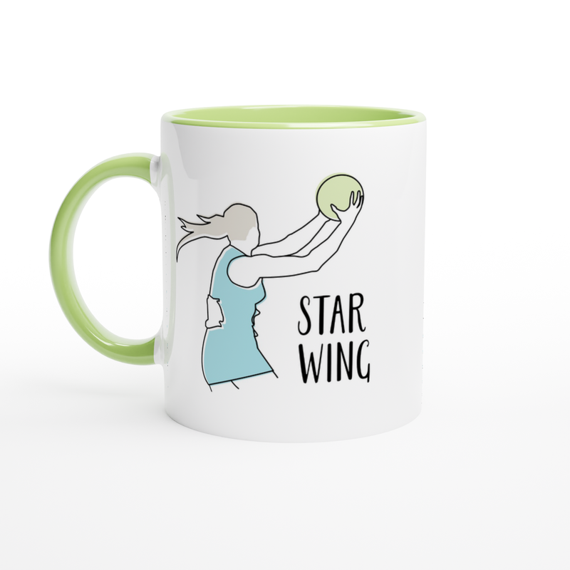 White Ceramic Mug with Line Drawing and Lettering of Netball Player Wing Attack Wing Defence Green Handle