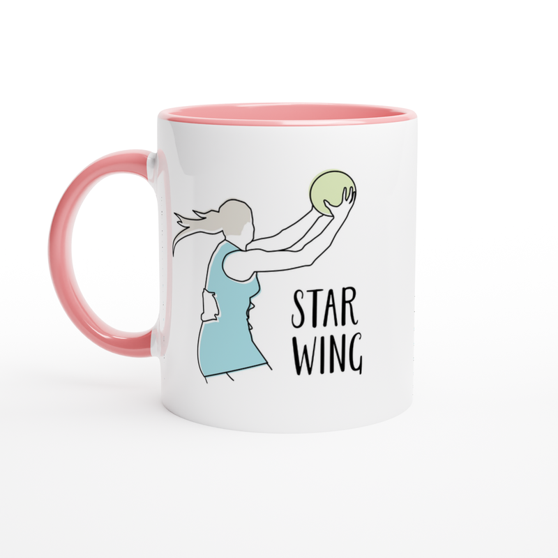 White Ceramic Mug with Line Drawing and Lettering of Netball Player Wing Attack Wing Defence Pink Handle