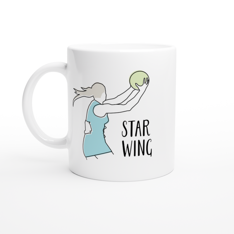 White Ceramic Mug with Line Drawing and Lettering of Netball Player Wing Attack Wing Defence