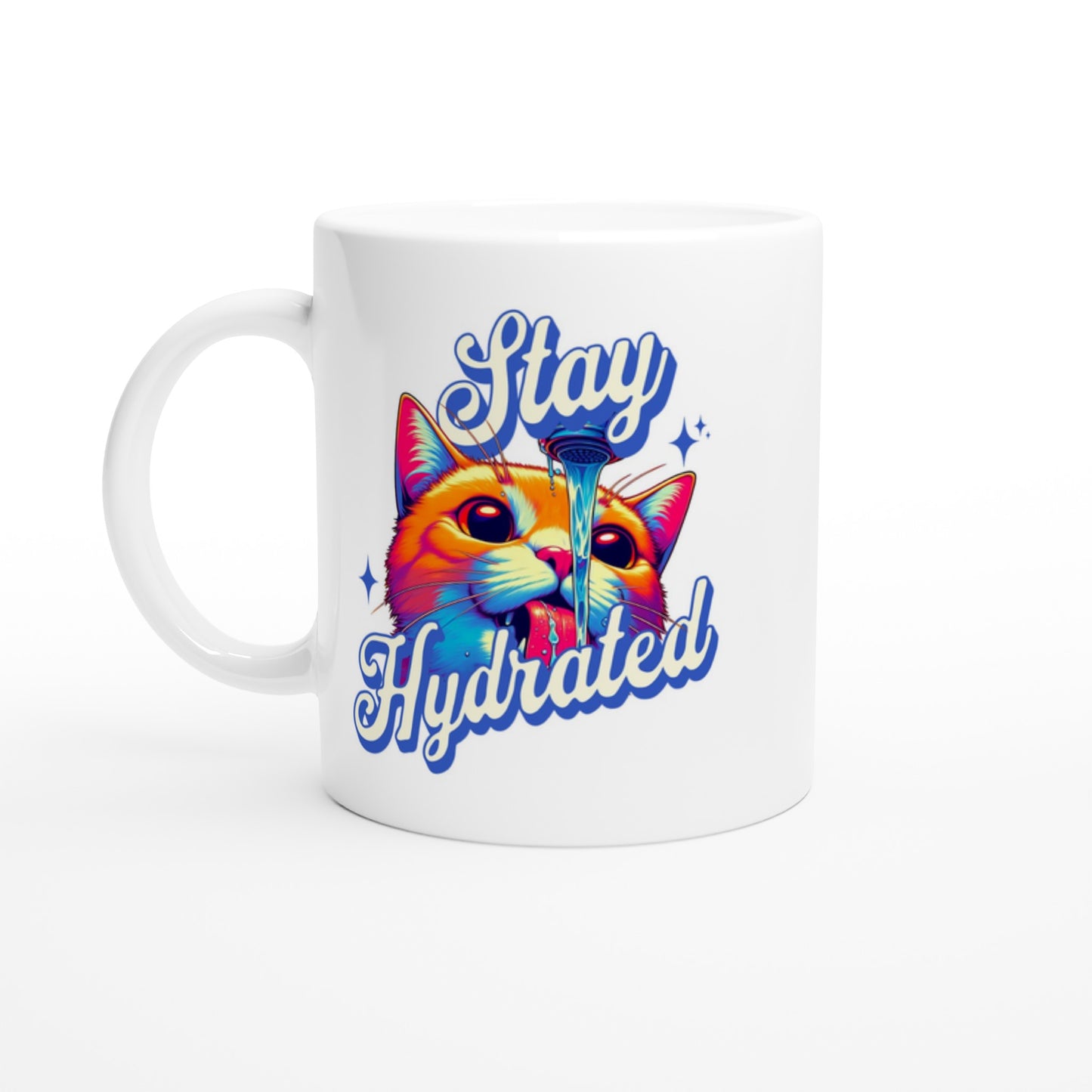 Retro design cat drinking from a tap with stay hydrated text on white ceramic mug