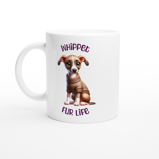 White ceramic mug featuring cute Whippet puppy wearing onesie