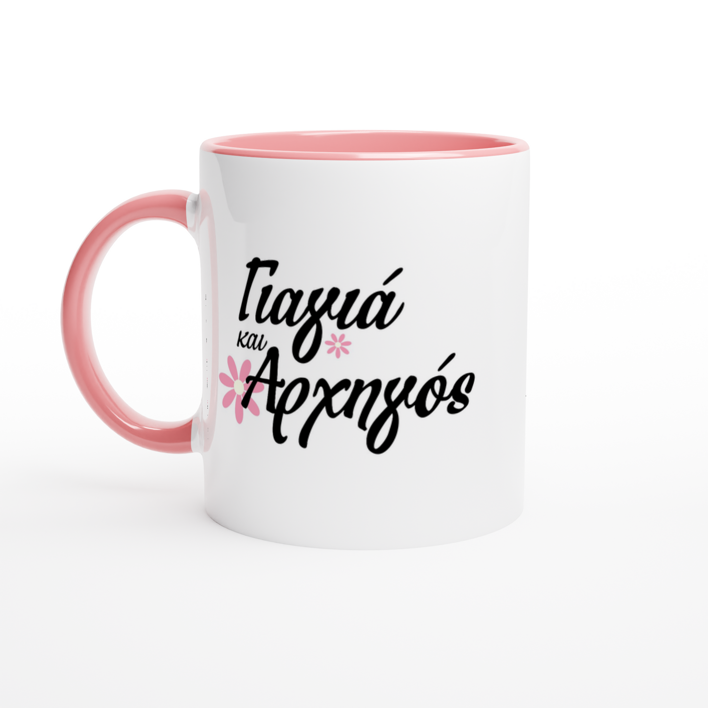 White ceramic mug pink handle and interior with bold greek writing and pretty pink flowers