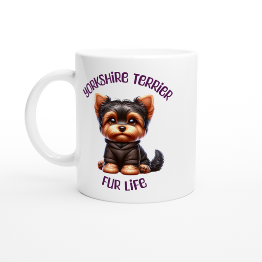 White Ceramic Mug with cute Yorkshire terrier in hoodie