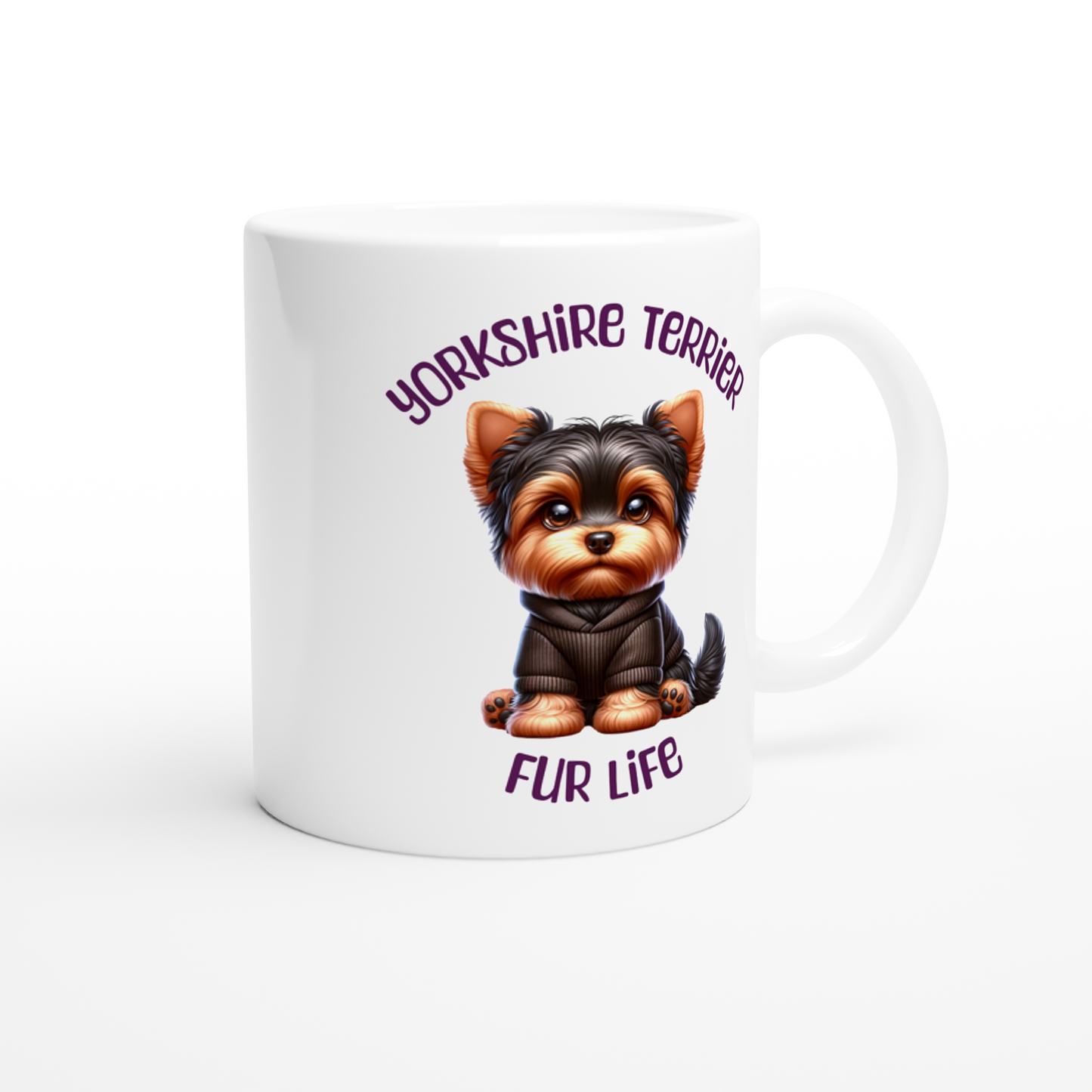 White Ceramic Mug with cute Yorkshire terrier in hoodie