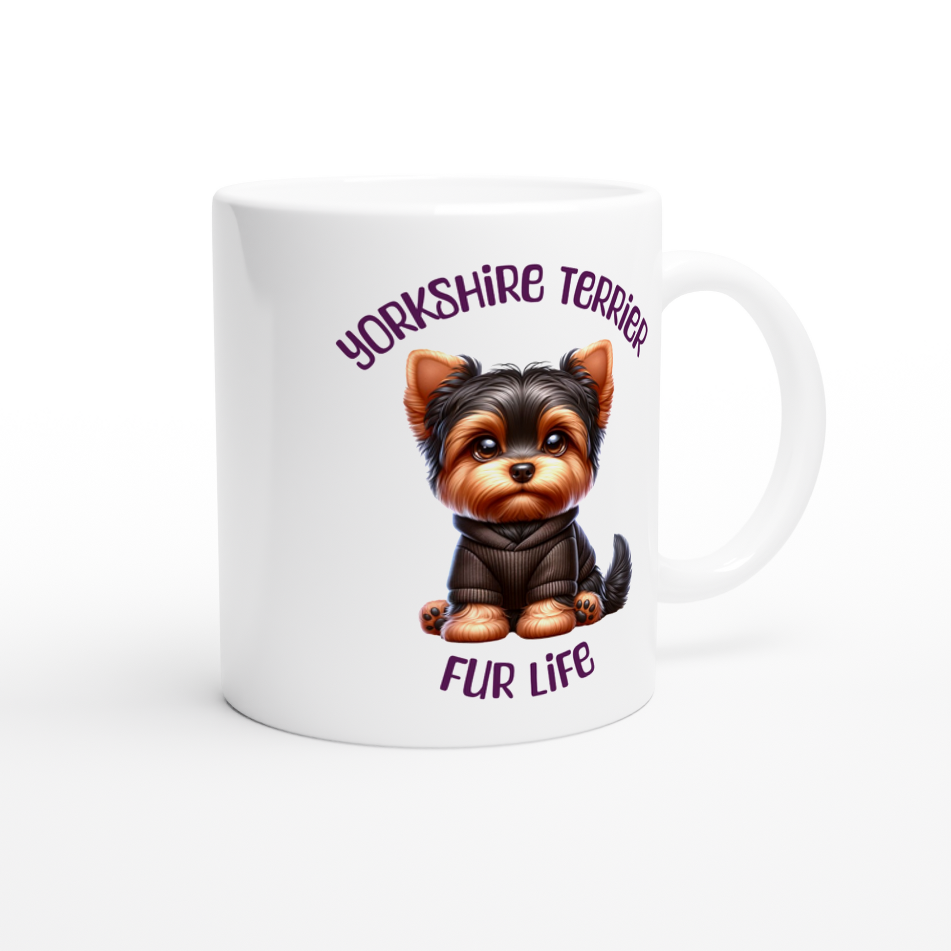 White Ceramic Mug with cute Yorkshire terrier in hoodie