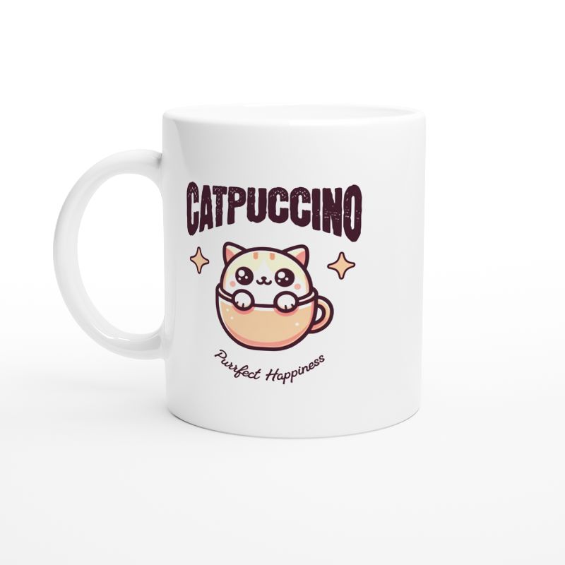 White ceramic mug catpuccino cute purrfect happiness