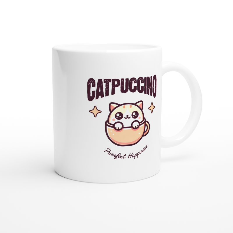 White ceramic mug catpuccino cute purrfect happiness