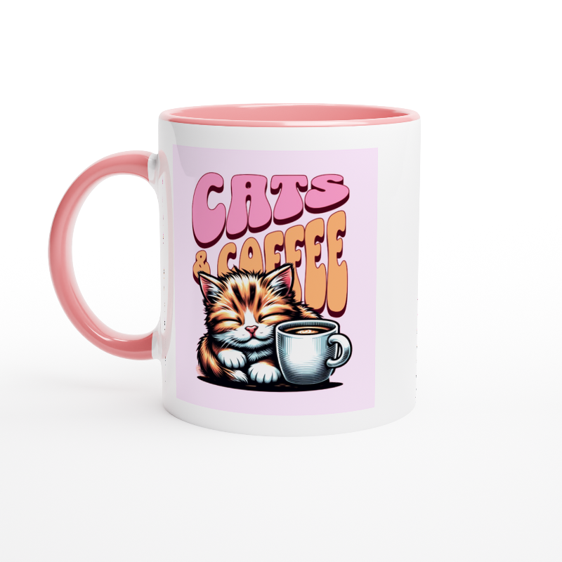White ceramic mug with pink handle and a cute cats and coffee design