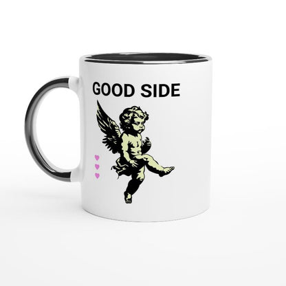 White ceramic mug showing illustration of cute cupid with lovehearts and the words good side