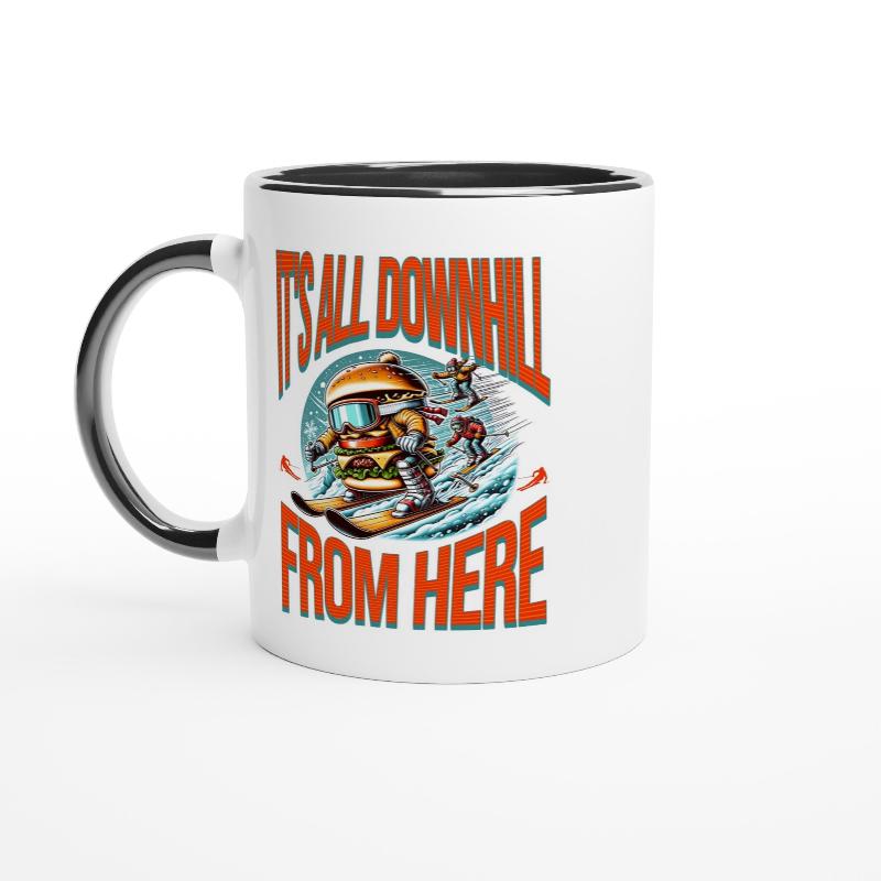 White ceramic mug with black handle and inside with a skiing burger and bold orange text It's All Downhill From Here