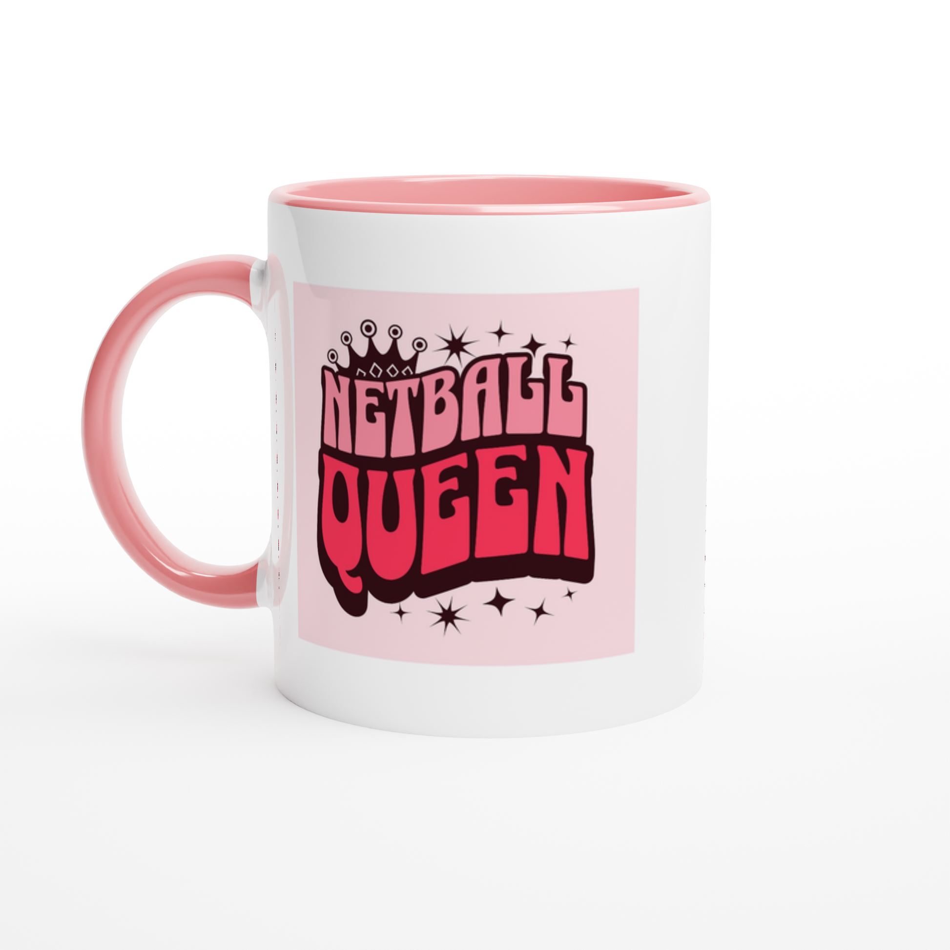 White ceramic mug pink handle and interior with pink and red writing Netball Queen