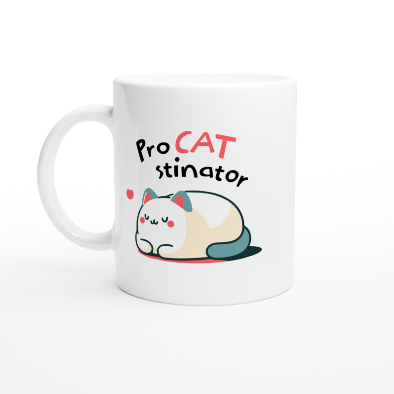 White Ceramic mug with cute cat design pro cat stinator handle on left