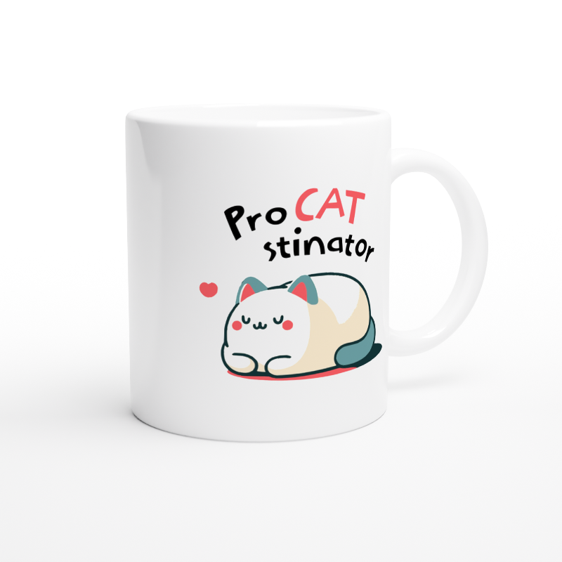 White Ceramic mug with cute cat design pro cat stinator handle on right