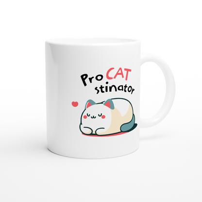 White Ceramic mug with cute cat design pro cat stinator handle on right
