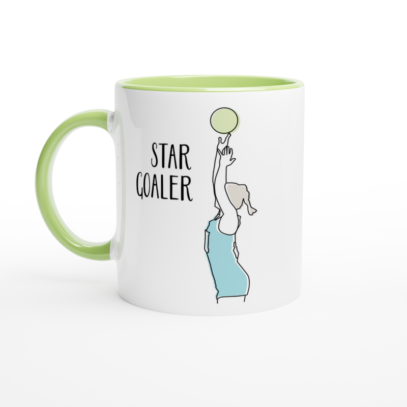 White Ceramic Mug with Line Drawing and Lettering of Netball Player Goal Shooter Green Handle and Colour Inside