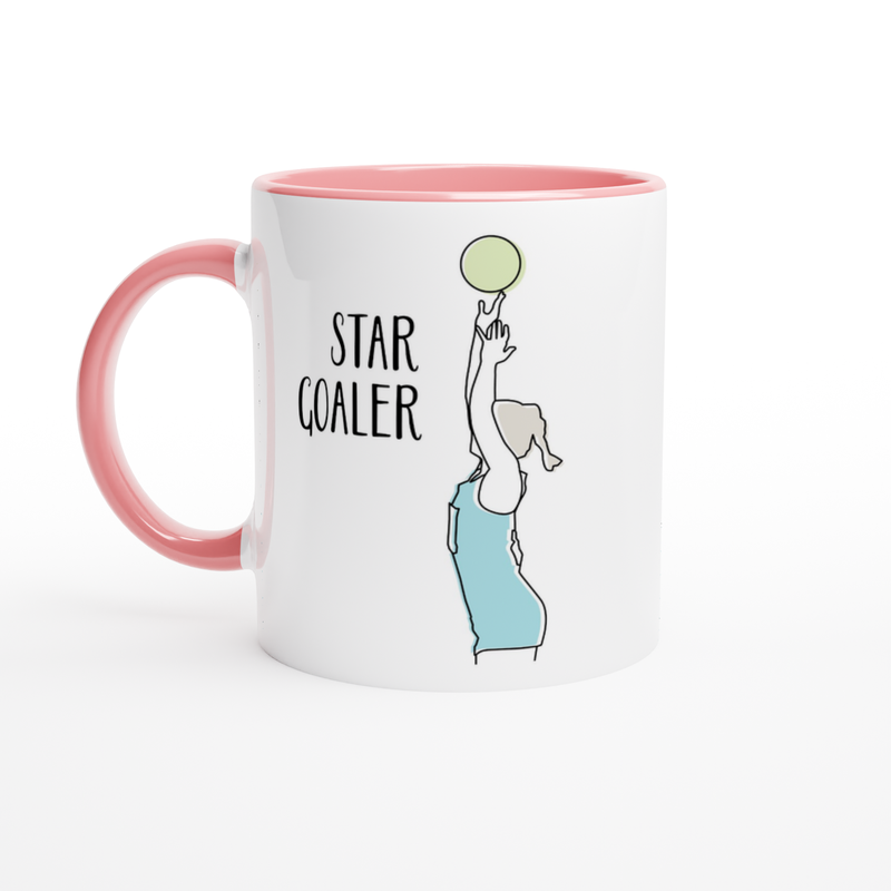 White Ceramic Mug with Line Drawing and Lettering of Netball Player Goal Shooter PInk Handle