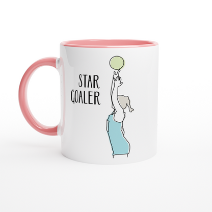 White Ceramic Mug with Line Drawing and Lettering of Netball Player Goal Shooter PInk Handle