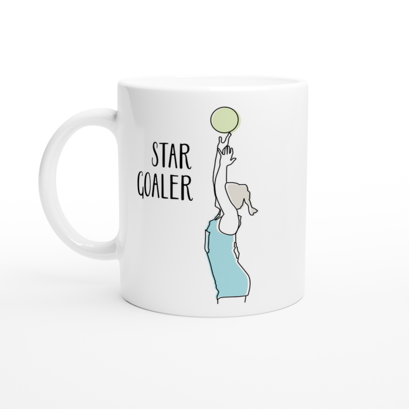 White Ceramic Mug with Line Drawing and Lettering of Netball Player Goal Shooter