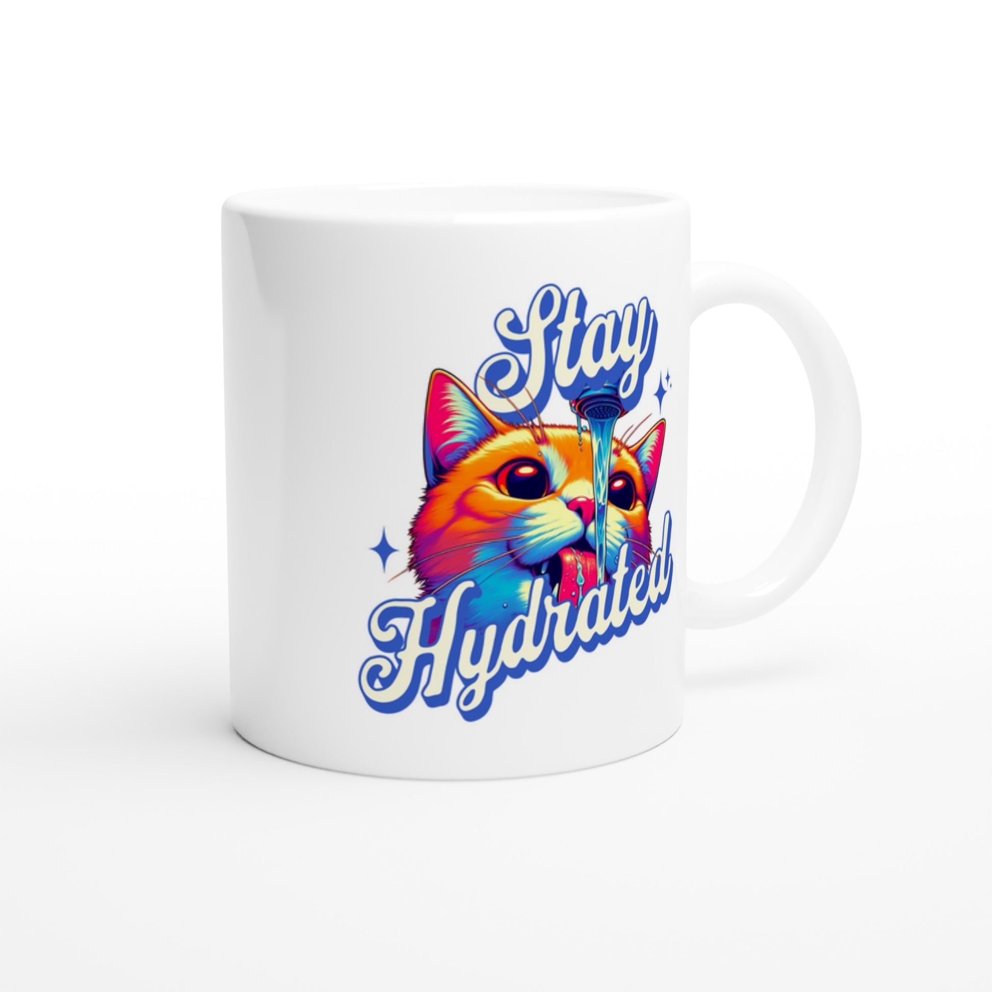 Retro design cat drinking from a tap with stay hydrated text on white ceramic mug